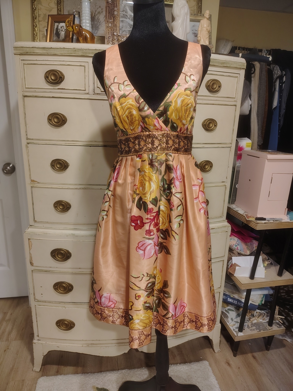 Sleeveless Peach Floral Satin V-Neck Dress